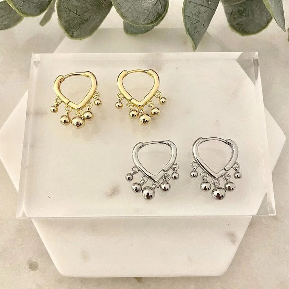 925 Sterling Silver Dangle Ball Huggie Earrings Bead Earrings Dainty Hoops - Picture 1 of 5